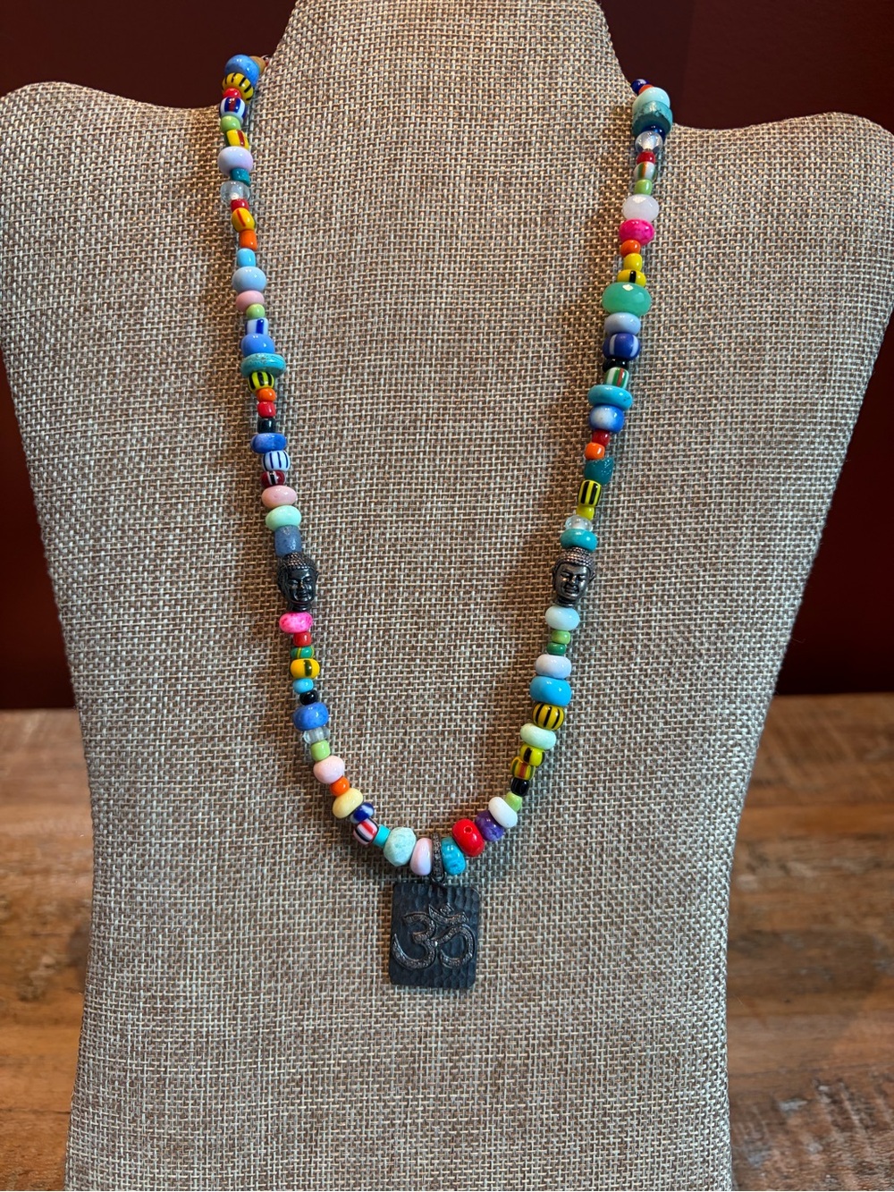 Multicolor Beaded Necklace with Pave Diamond Om Pendant and Buddha Beads